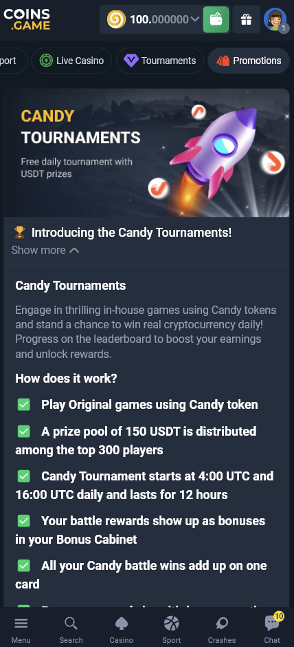 coins.game candy daily tournament 